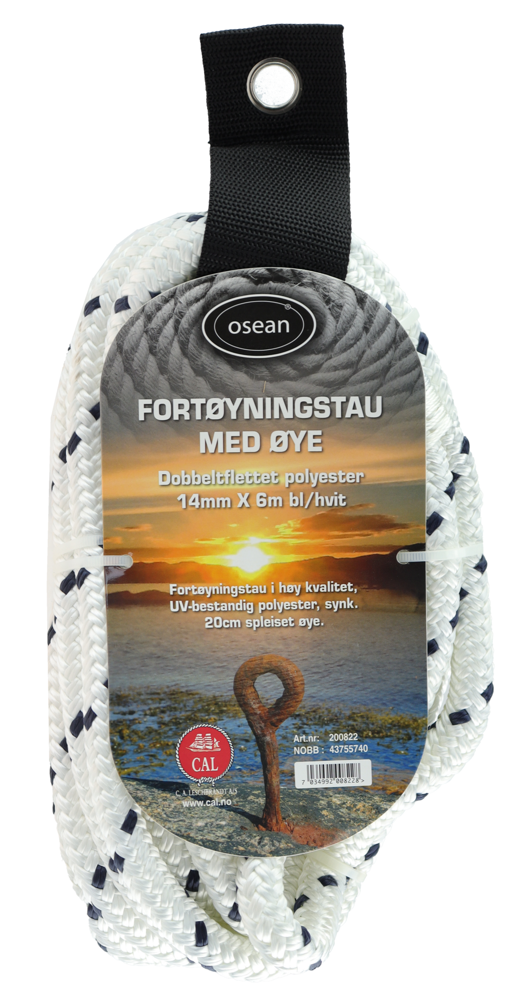 Fortøyningstau m/øye - Hvit / Blå - 6m - Flettet