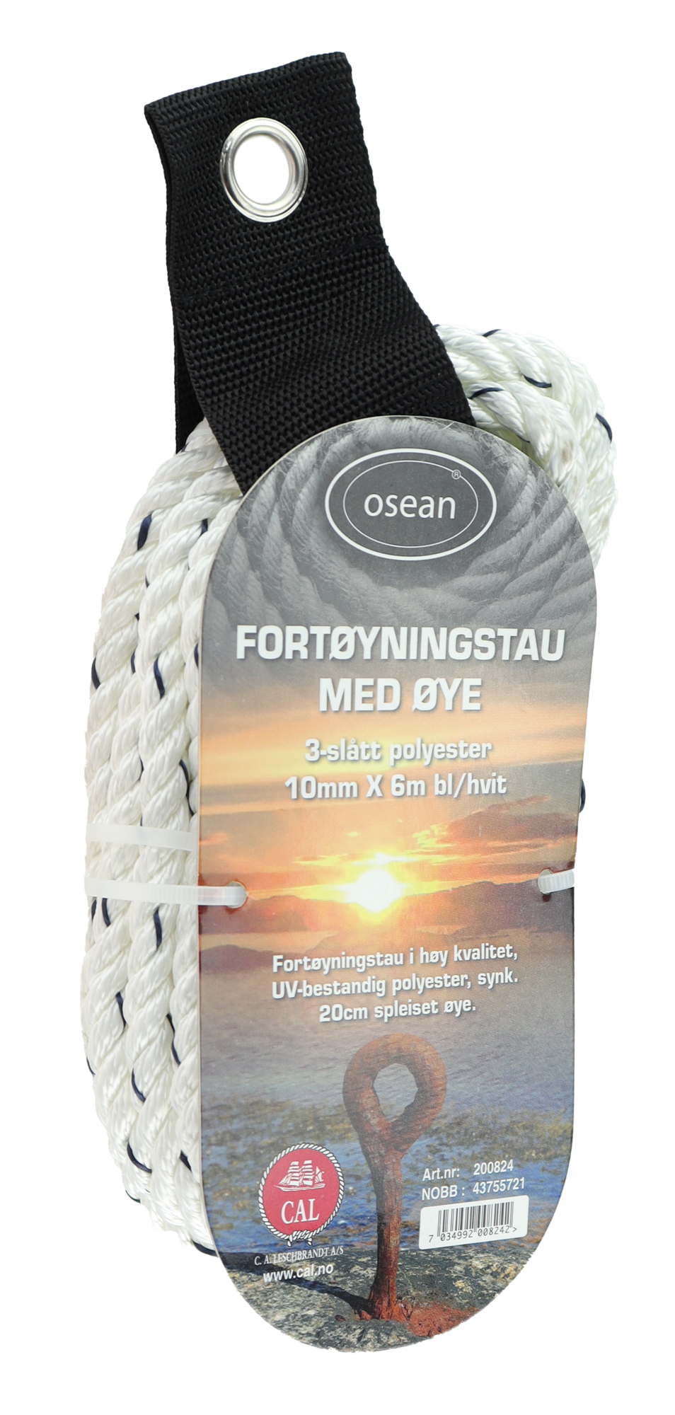 Fortøyningstau Hvit/Blå 6m - 3-Slått Polyester - 10mm - 25cm Øye - UV 14