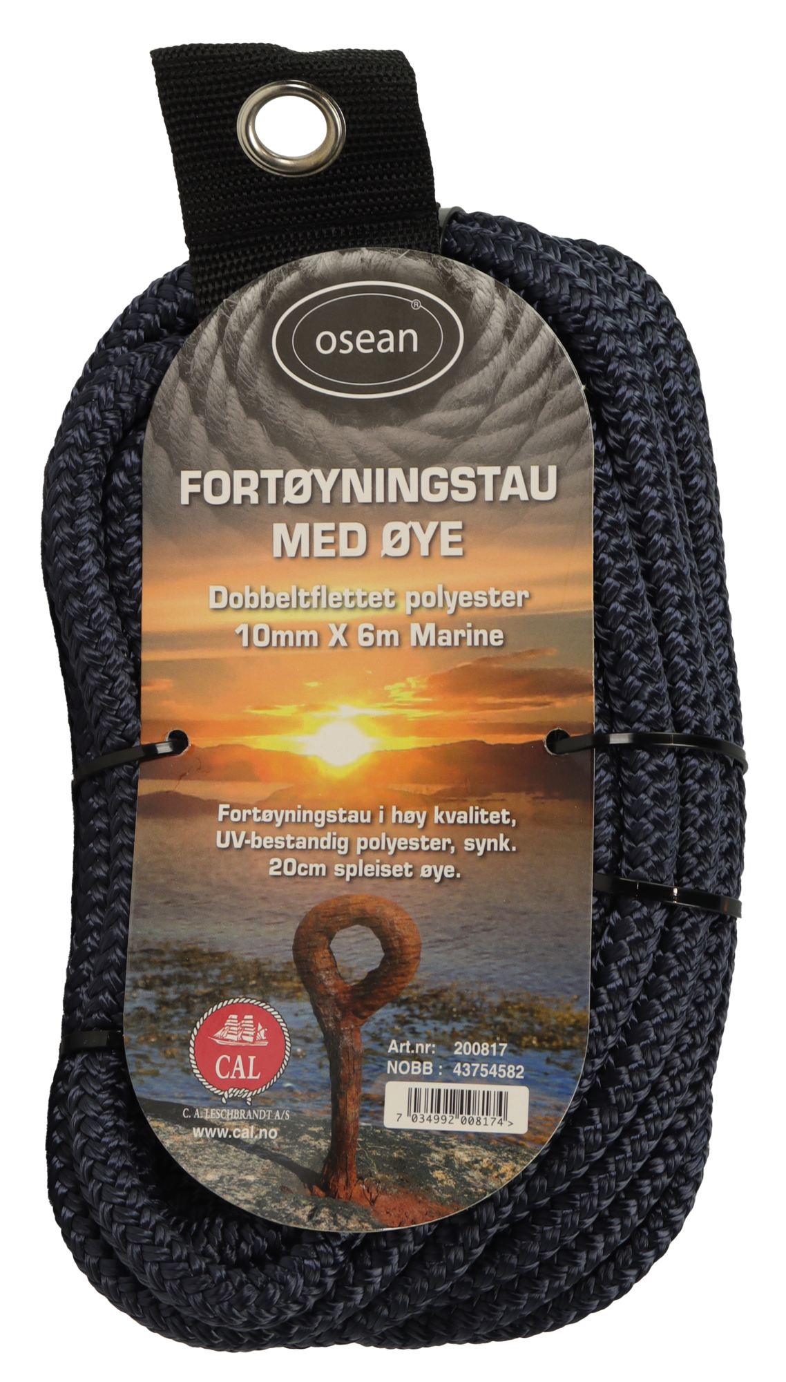 Fortøyningstau m/øye - Sort - 6m - Flettet 14