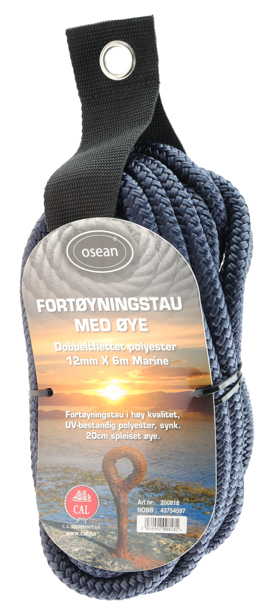 Fortøyningstau m/øye - Sort - 6m - Flettet