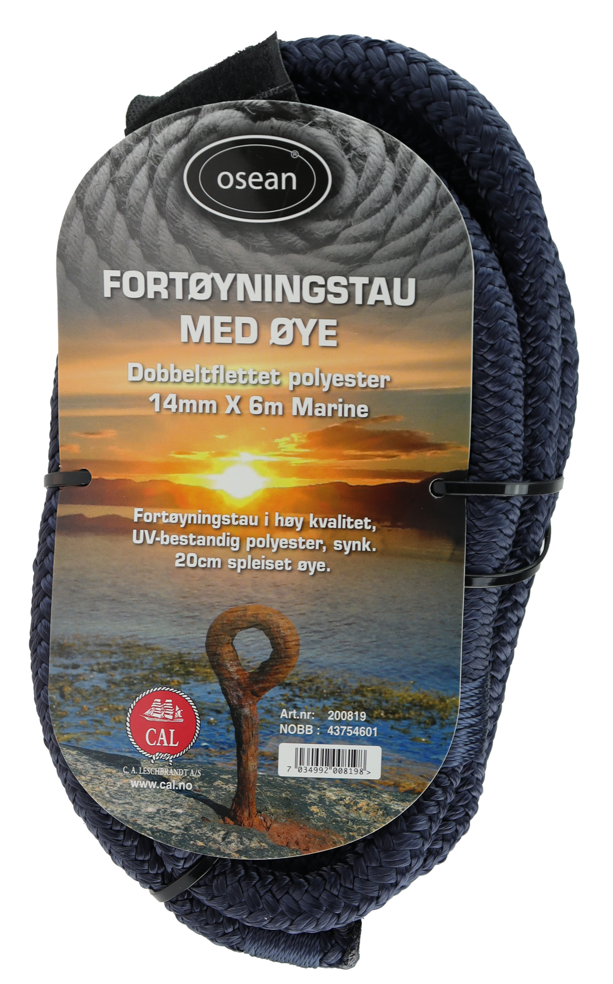 Fortøyningstau m/øye - Sort - 6m - Flettet