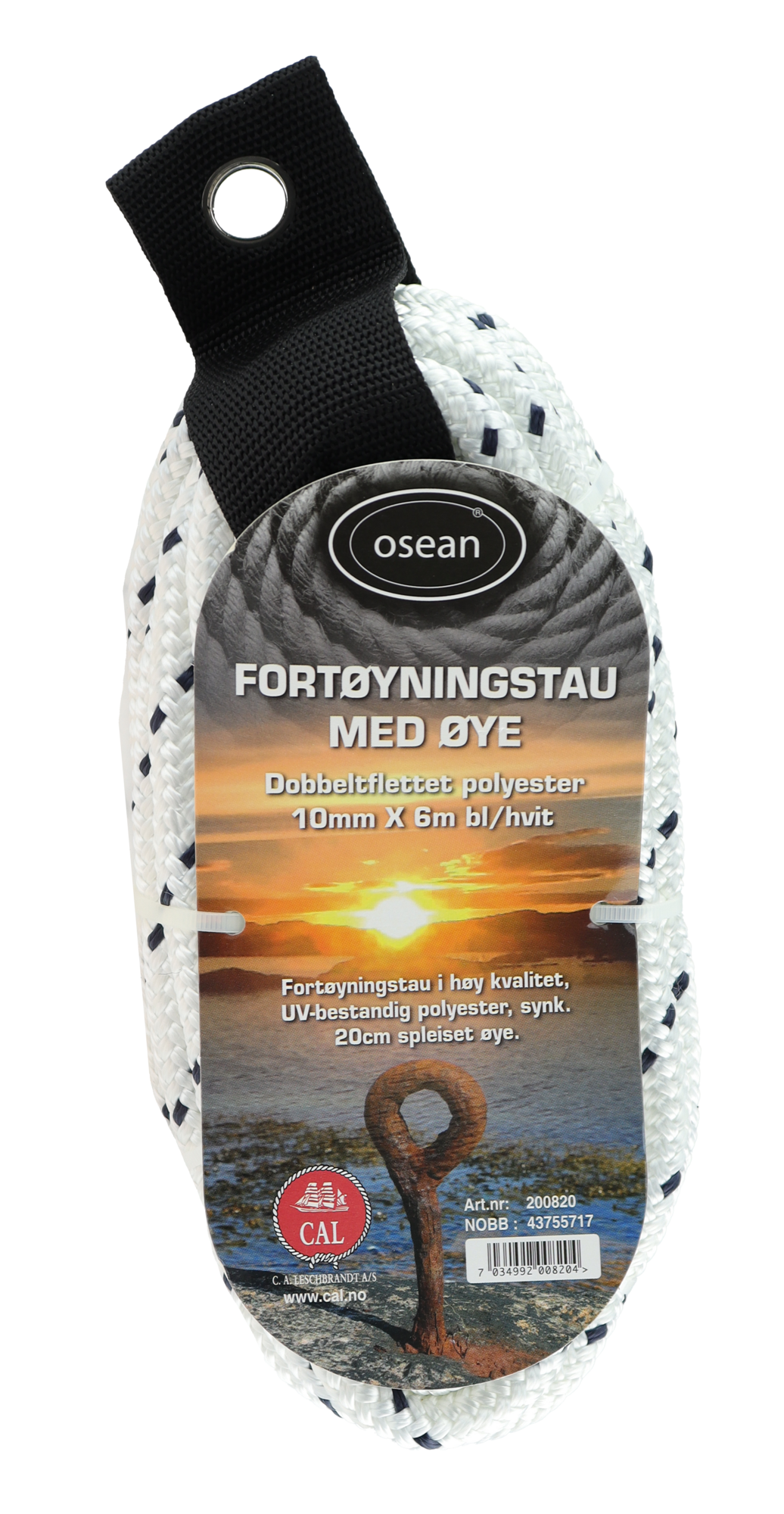 Fortøyningstau Hvit/Blå 6m - Dobbelflettet Polyester - 10mm - 25cm Øye - UV 14