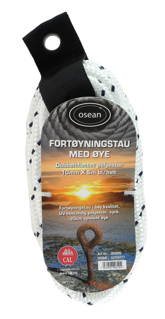 Fortøyningstau Hvit/Blå 6m - Dobbelflettet Polyester - 10mm - 25cm Øye - UV 14