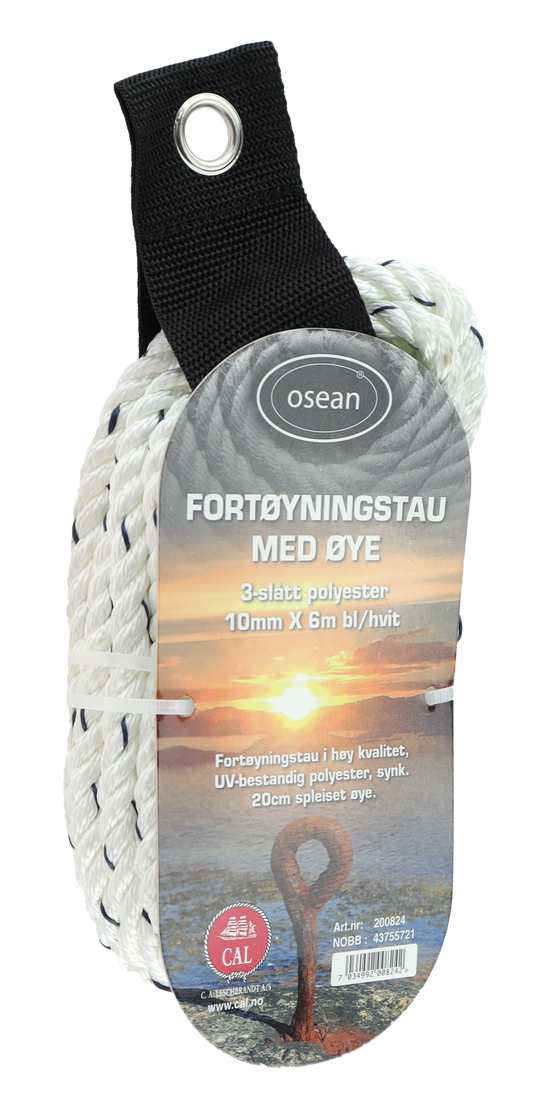 Fortøyningstau Hvit/Blå 6m - 3-Slått Polyester - 10mm - 25cm Øye - UV 14
