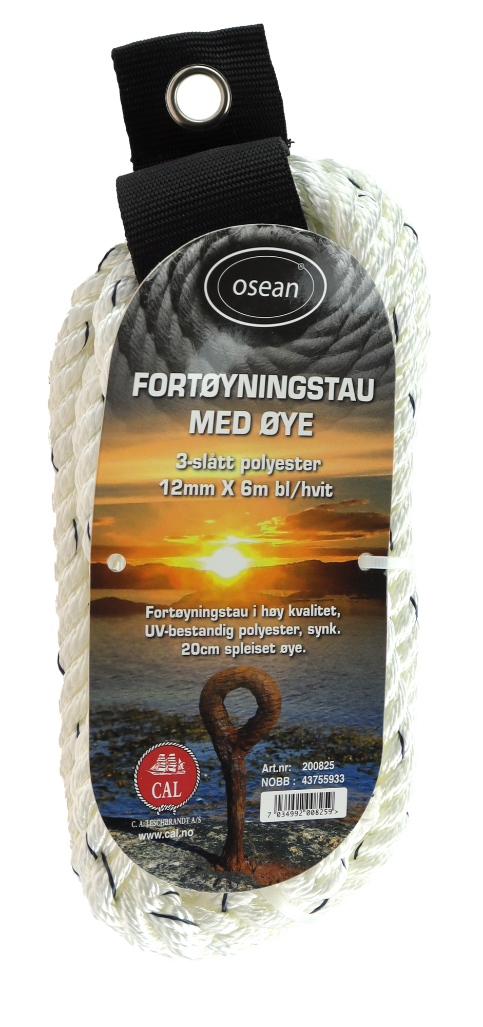 Fortøyningstau m/øye - Hvit / Blå - 6m - 3-Slått