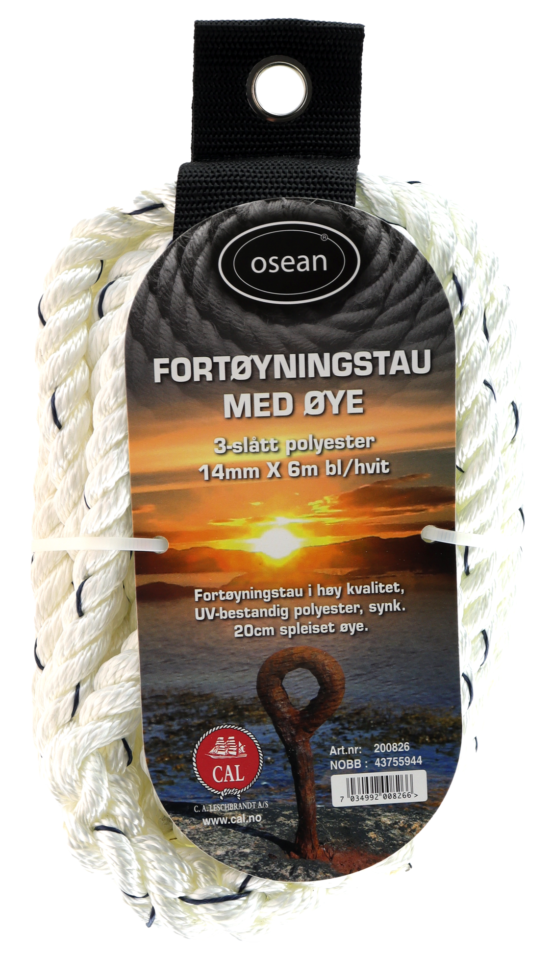 Fortøyningstau m/øye - Hvit / Blå - 6m - 3-Slått