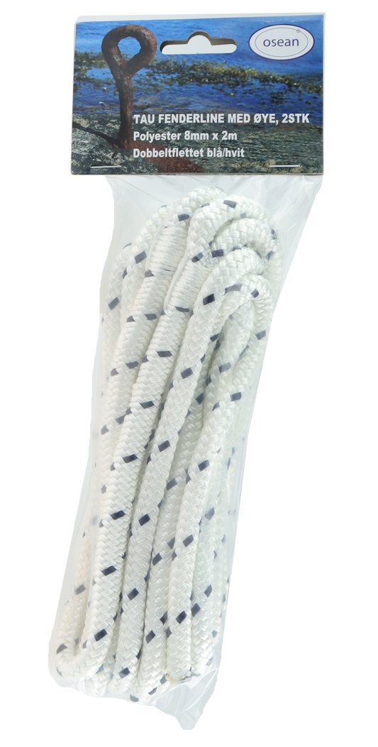 Fenderline Hvit 2pk - 8mm - 2m - Dobbelflettet Polyester - UV-Beskyttet