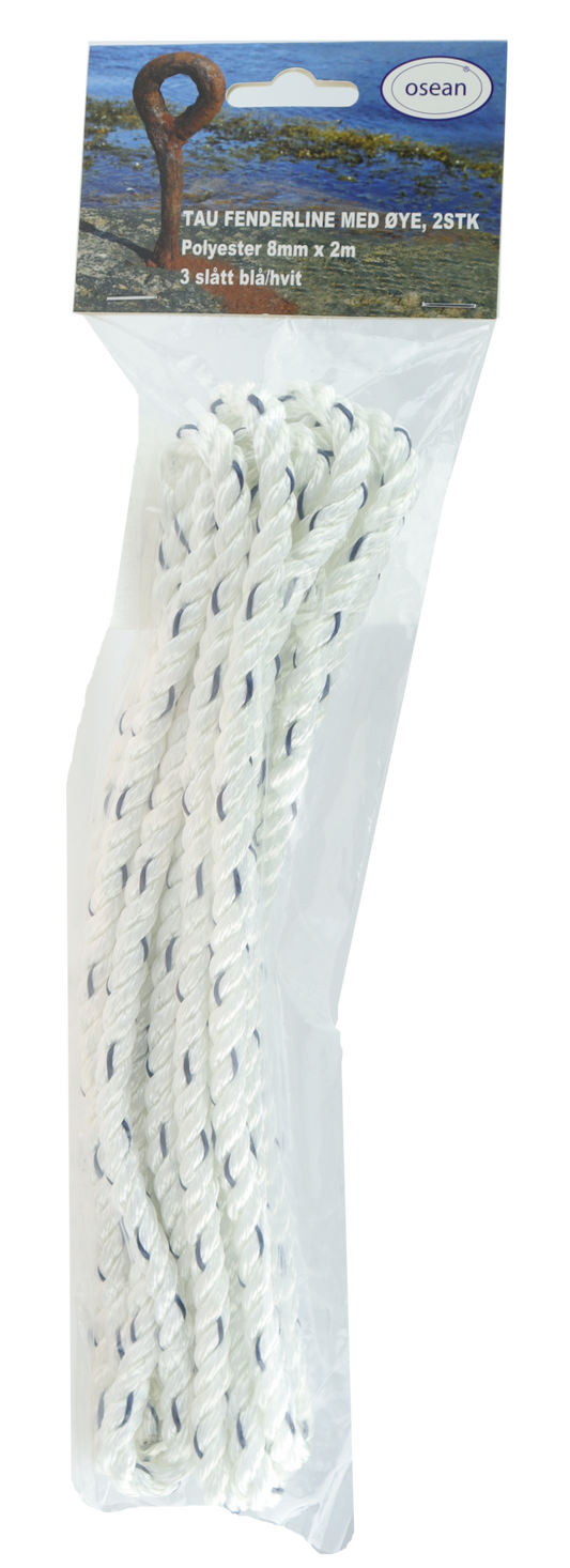 Fenderline Hvit/Blå – 2 pk – 8 mm x 2 m – 3-Slått Polyester