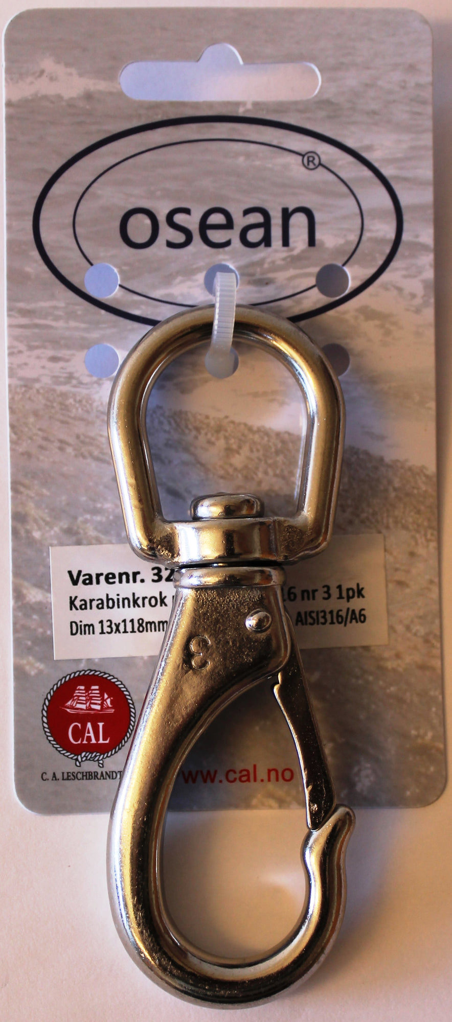 CAL Karabinkrok med svivel - Syrefast SF316 - Blister - Fleire størrelsar
