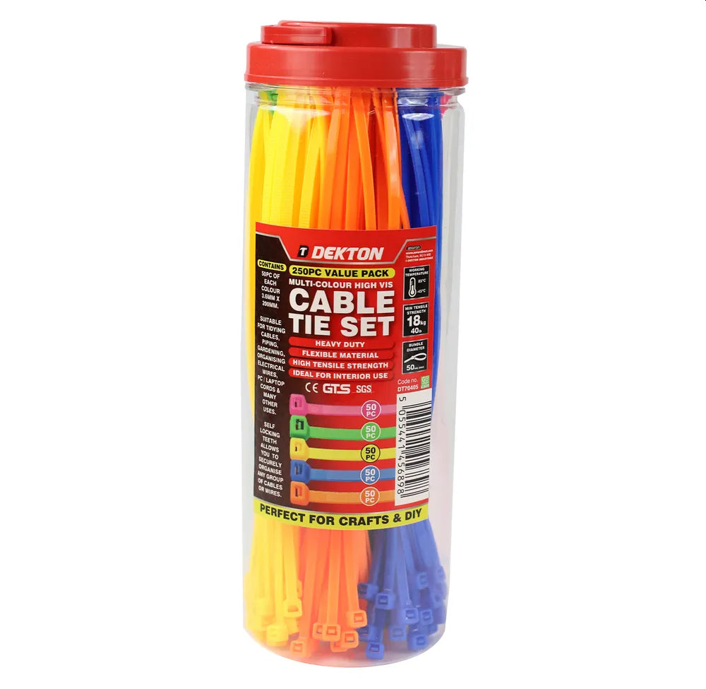 Kabelstrips Assorterte Farger 250 stk – 3,6x200mm – Gul/Orange/Blå/Rosa/Grønn