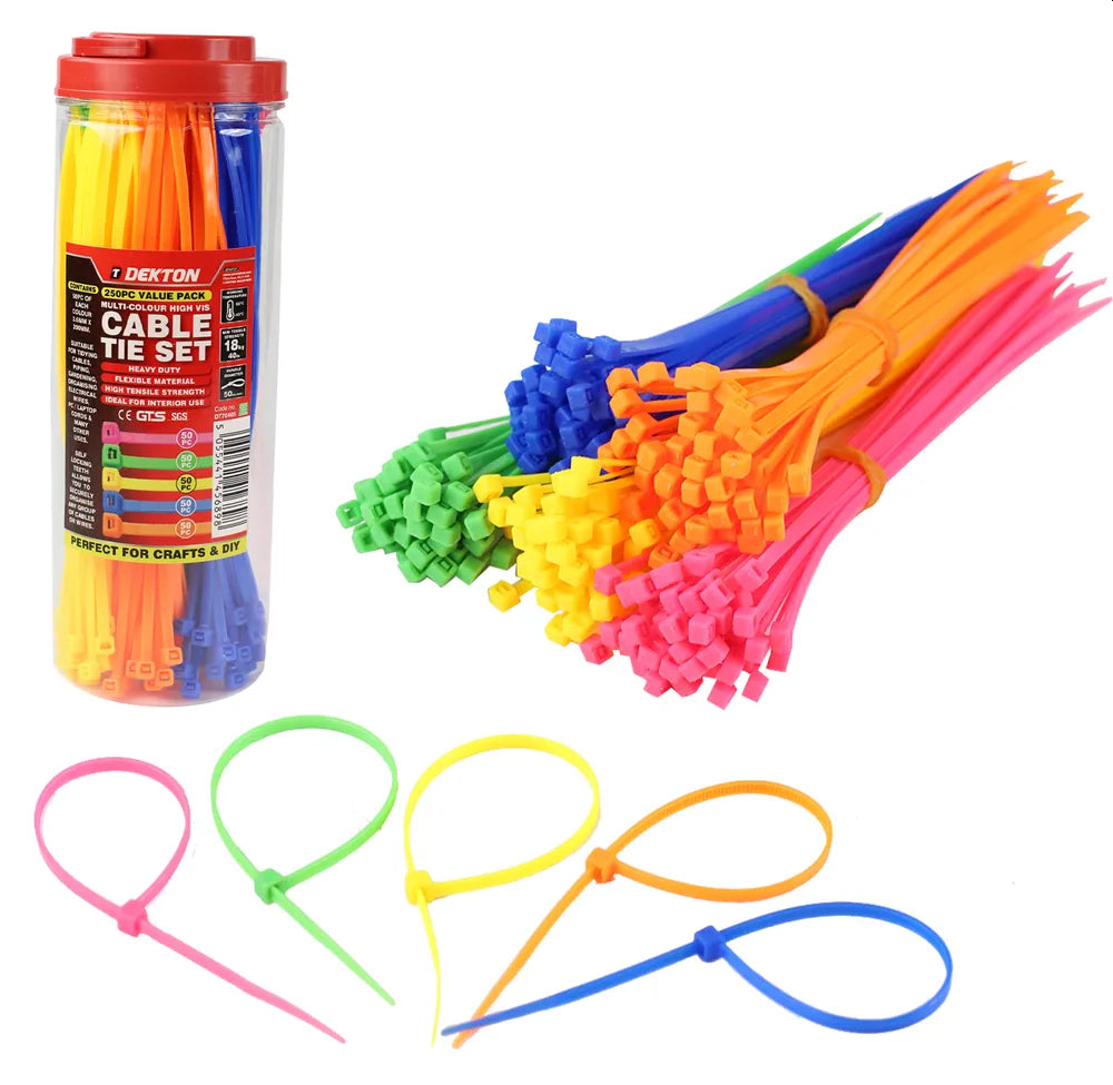 Kabelstrips Assorterte Farger 250 stk – 3,6x200mm – Gul/Orange/Blå/Rosa/Grønn