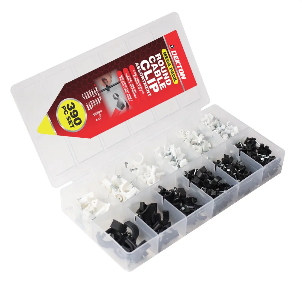 Kabelklammer Assortert - 390 deler - 4-12mm - Sort og Kvit
