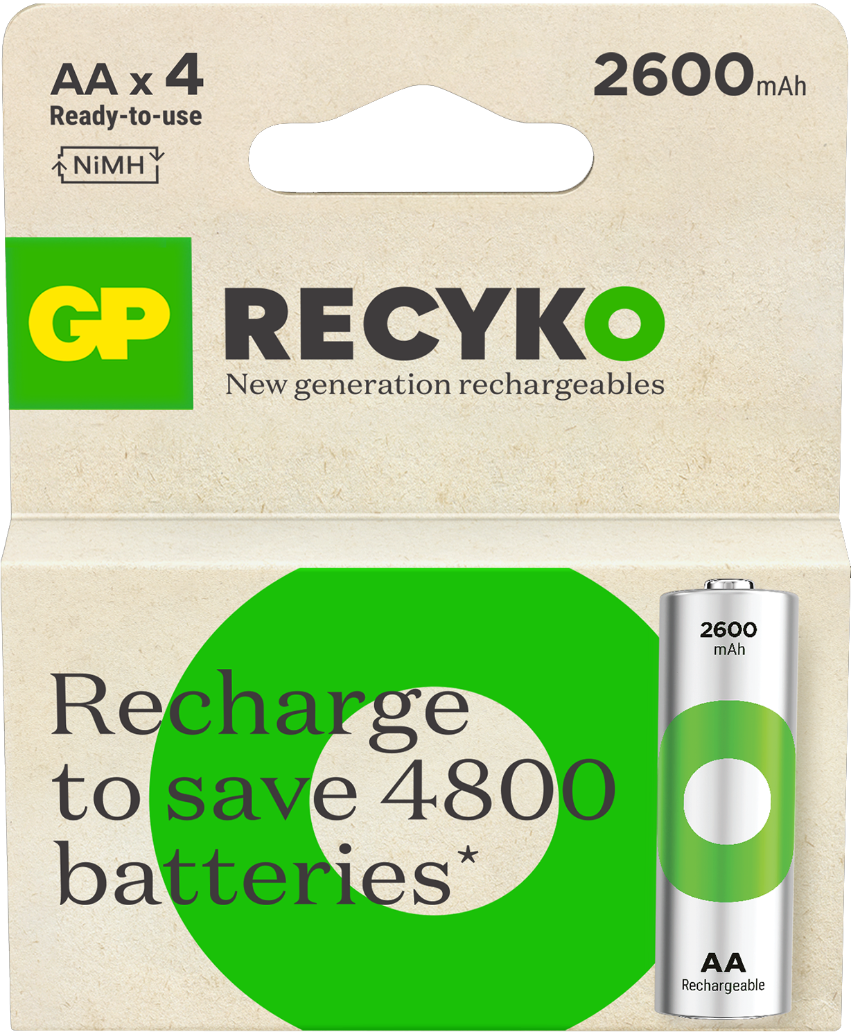 GP ReCyko AA-batteri - 2600mAh - Oppladbart NiMH 1,2V - 4pk