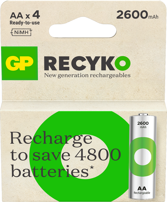 GP ReCyko AA-batteri - 2600mAh - Oppladbart NiMH 1,2V - 4pk