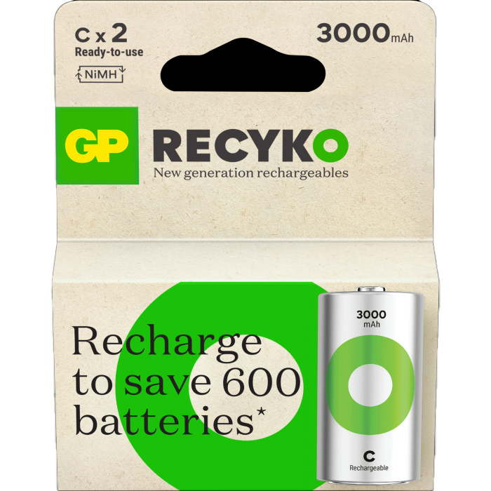 GP ReCyko C-batteri - 3000mAh - Oppladbart NiMH 1,2V - 2pk