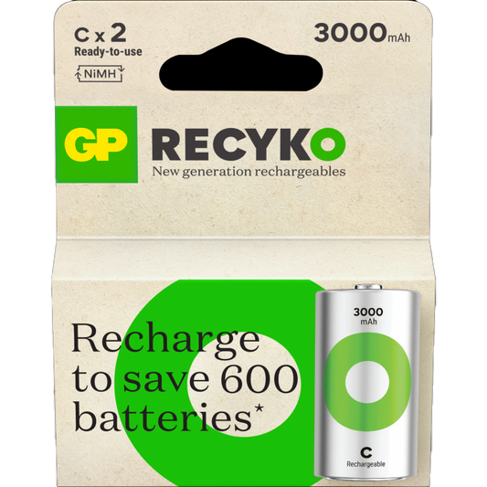 GP ReCyko C-batteri - 3000mAh - Oppladbart NiMH 1,2V - 2pk