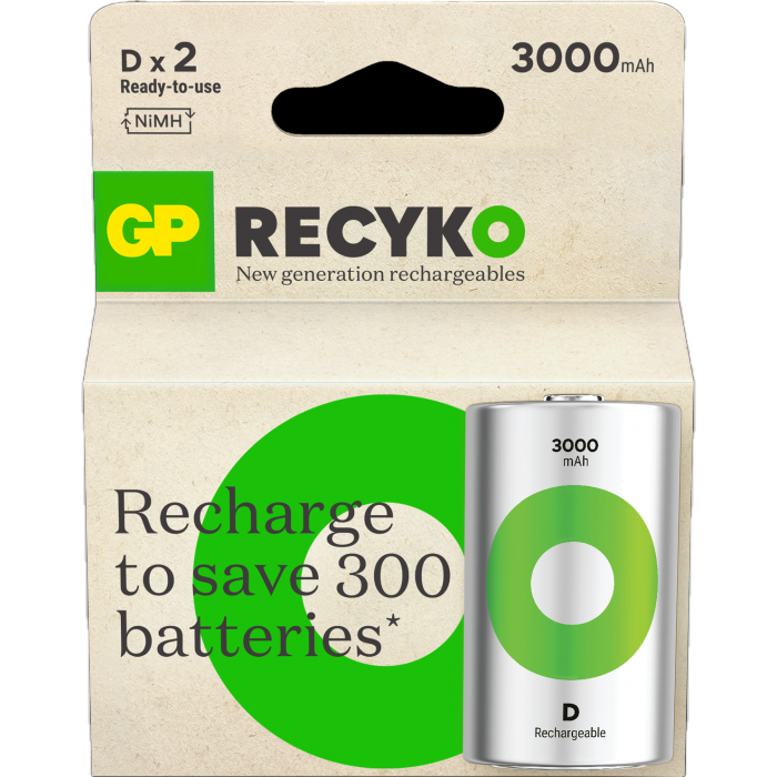 GP ReCyko D-batteri - 3000mAh - Oppladbart NiMH 1,2V - 2pk