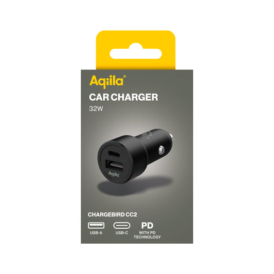Aqiila Chargebird CC2 – USB biladapter 32W, USB-A + USB-C