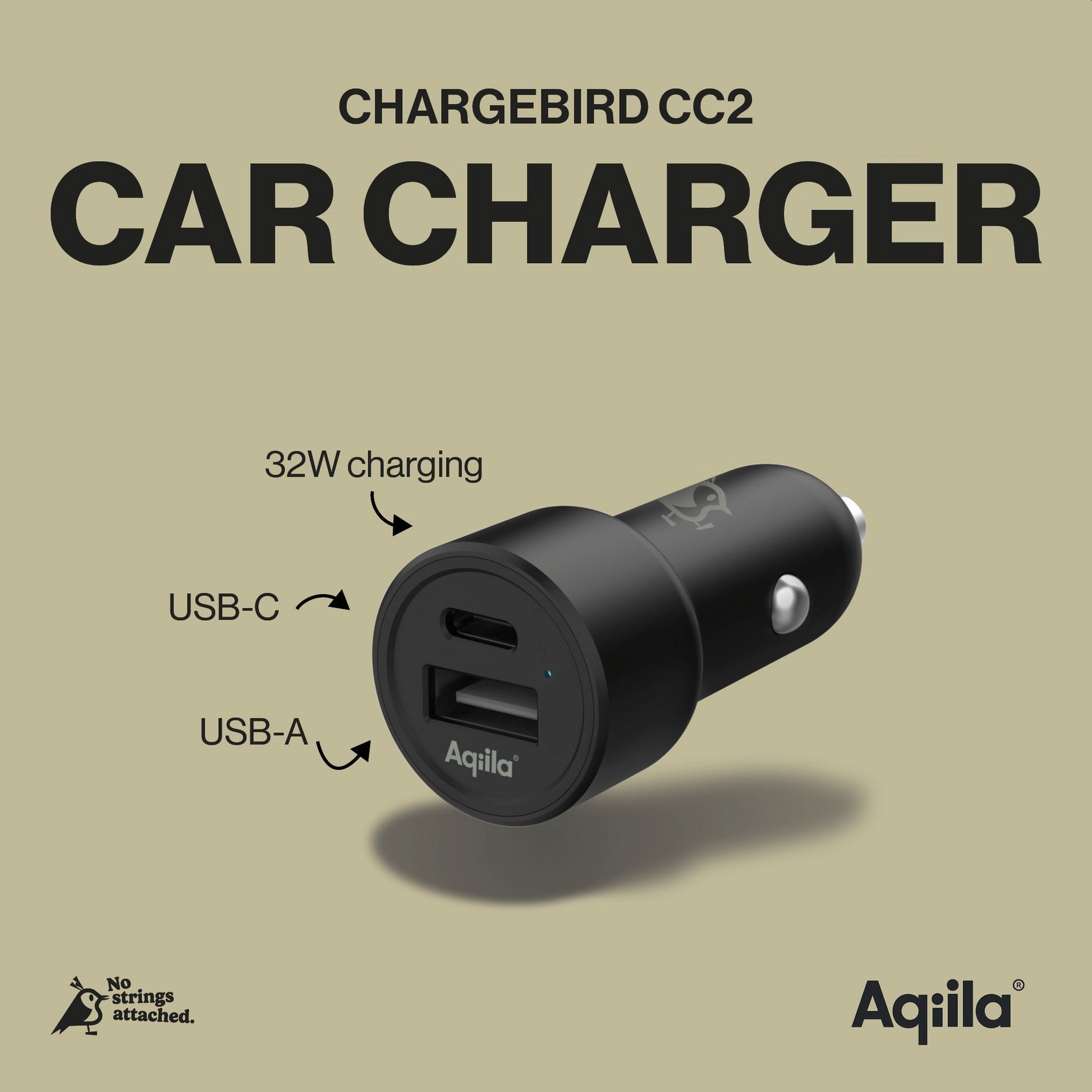 Aqiila Chargebird CC2 – USB biladapter 32W, USB-A + USB-C