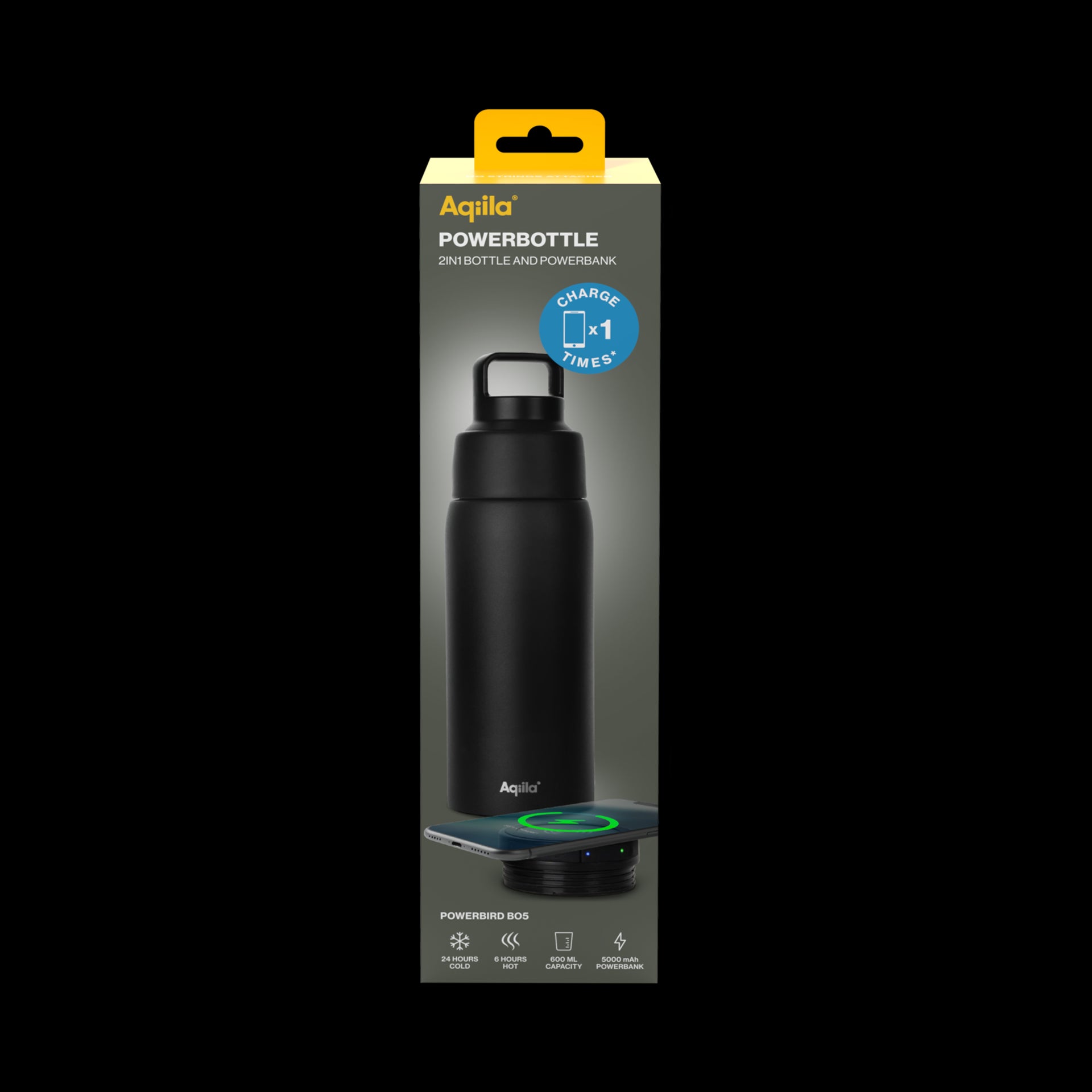 Aqiila Powerbottle BO5 - Drikkeflaske + Termos + Powerbank 5000mAh - 0,6L