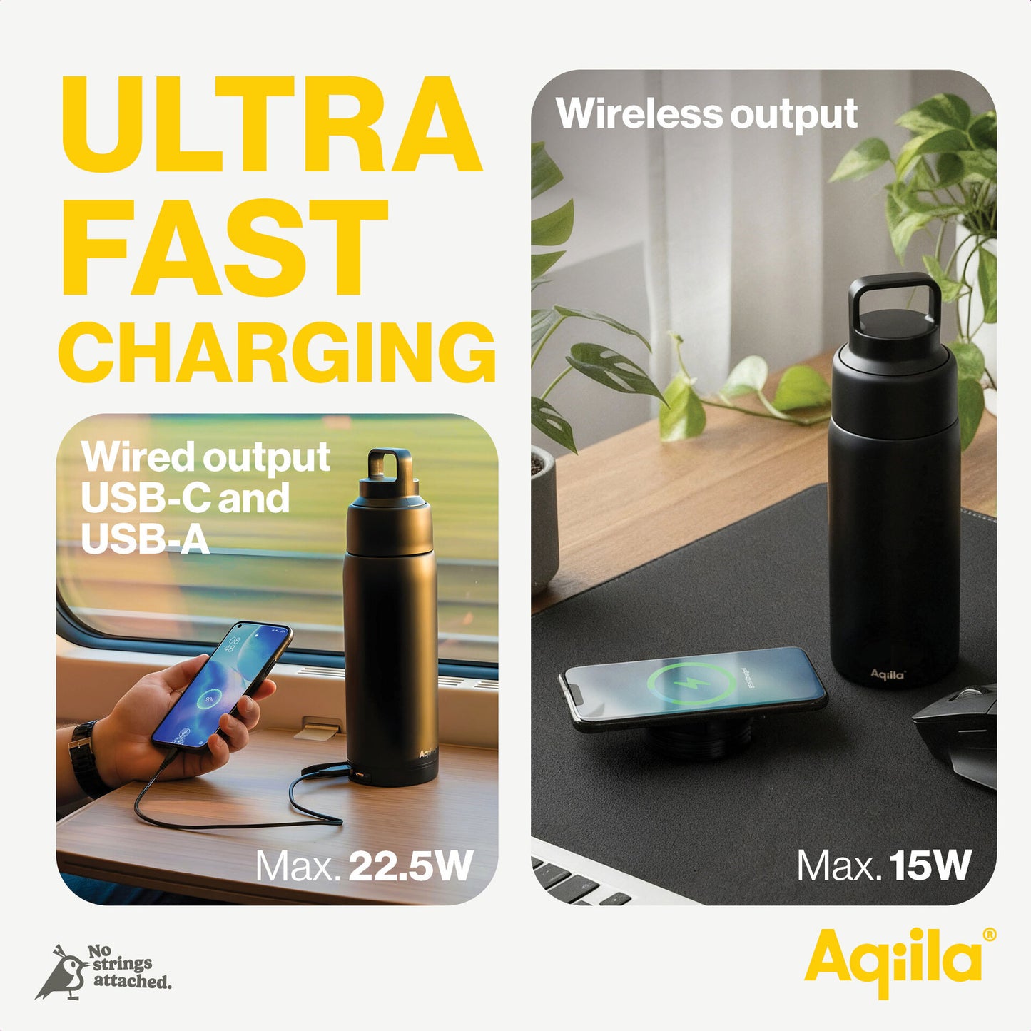 Aqiila Powerbottle BO5 - Drikkeflaske + Termos + Powerbank 5000mAh - 0,6L