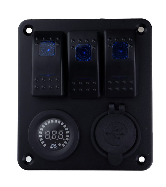 Osean Bryterpanel - 3 Brytere - Voltmeter - Dobbelt USB - 12/24V